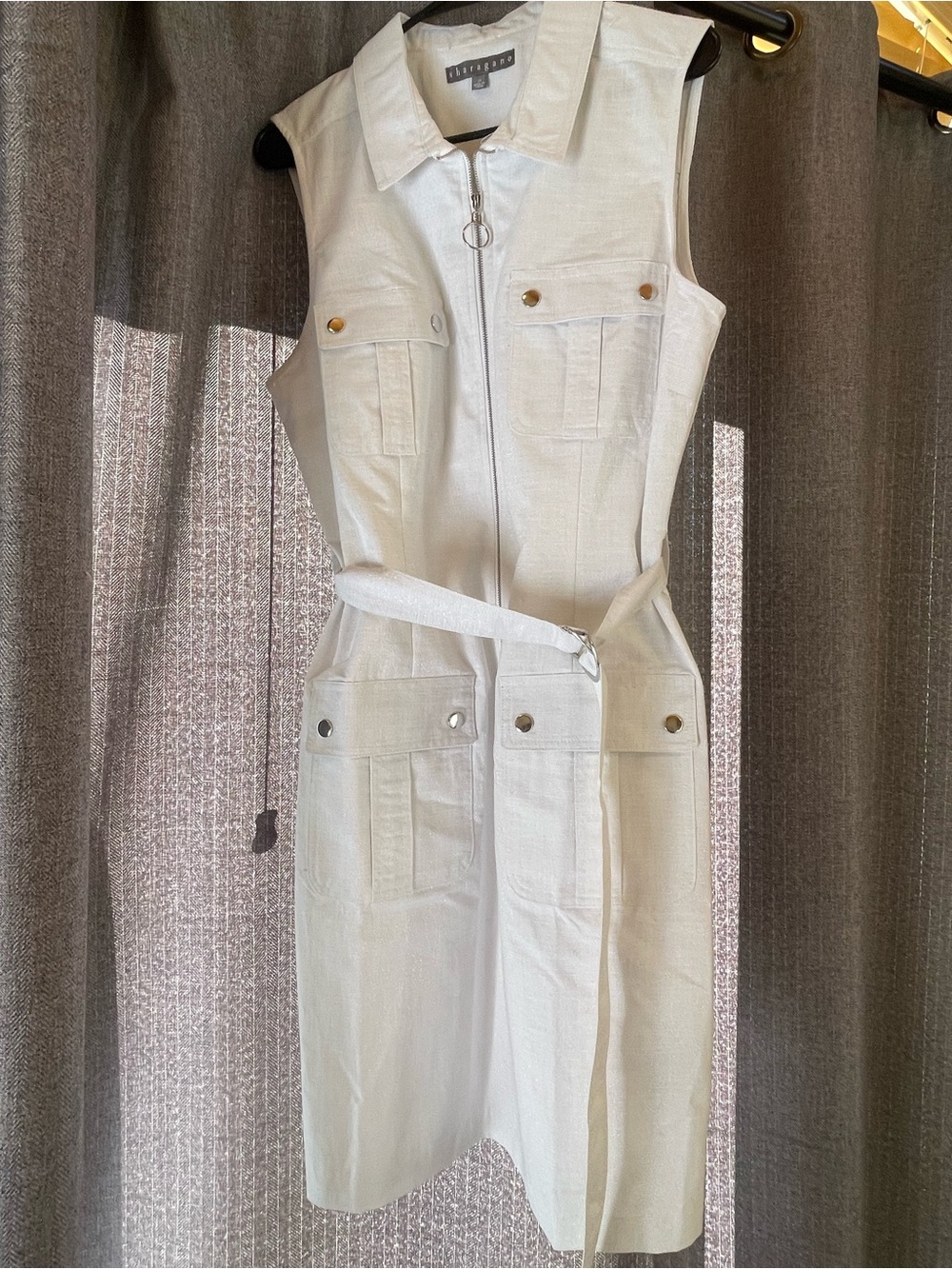 Sharagano White Sleeveless Zip-Front Belted Dress